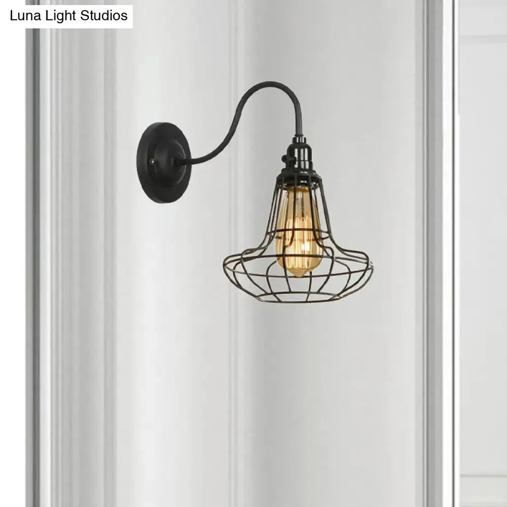 Industrial Cage Wall Sconce - 1 Bulb Metallic Wall Lighting with Gooseneck Arm in Black