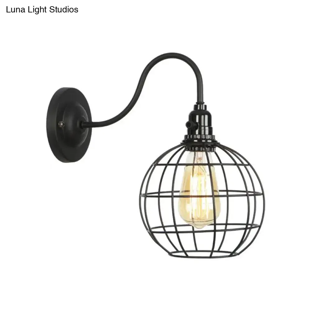 Industrial Cage Wall Sconce - 1 Bulb Metallic Wall Lighting with Gooseneck Arm in Black