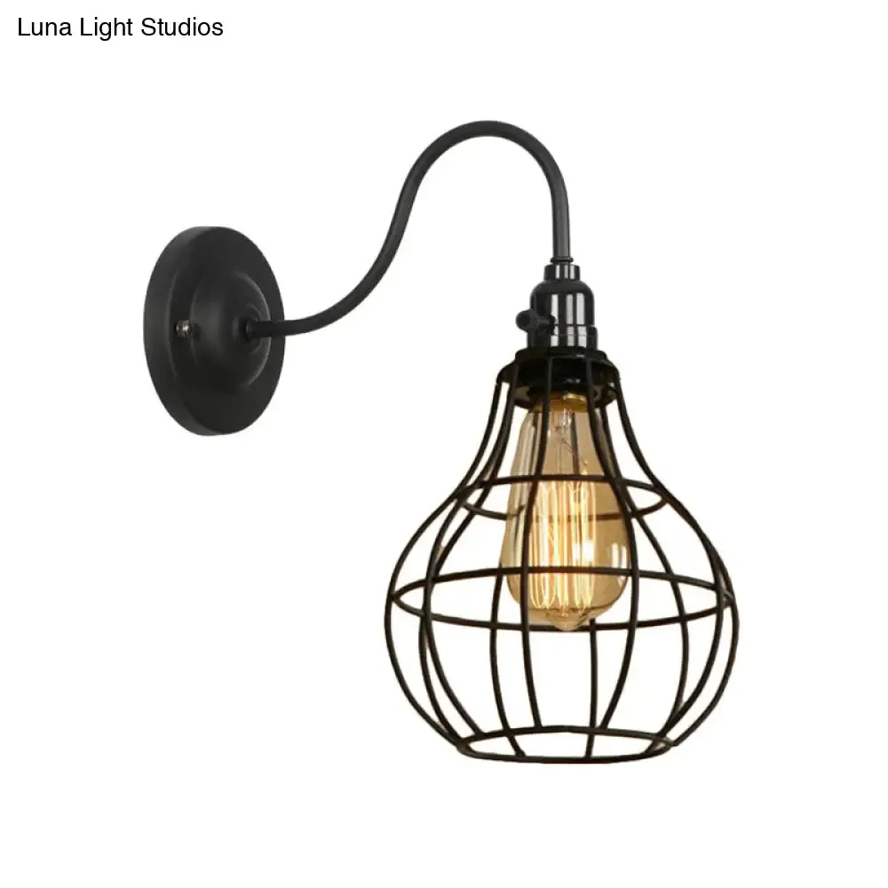 Industrial Cage Wall Sconce - 1 Bulb Metallic Wall Lighting with Gooseneck Arm in Black