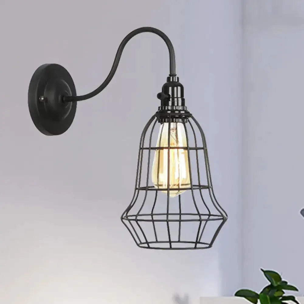 Industrial Cage Wall Sconce - 1 Bulb Metallic Wall Lighting with Gooseneck Arm in Black