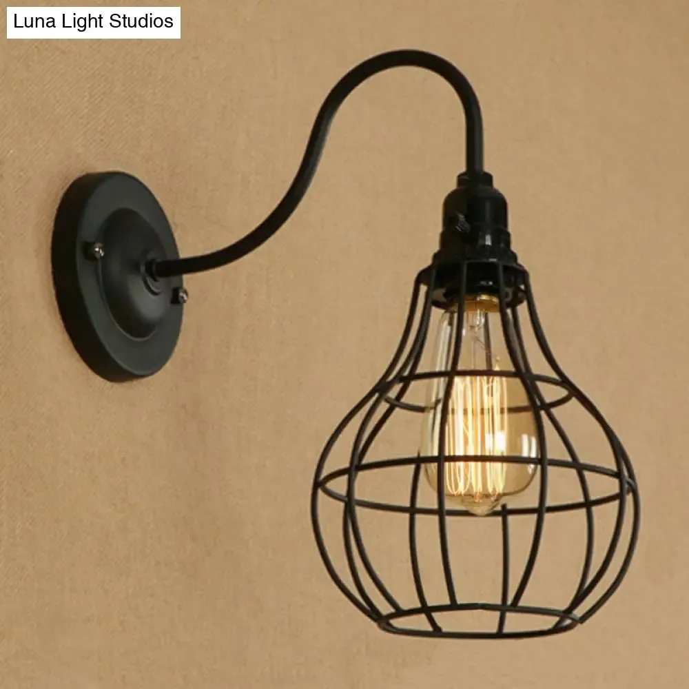 Industrial Cage Wall Sconce - 1 Bulb Metallic Wall Lighting with Gooseneck Arm in Black