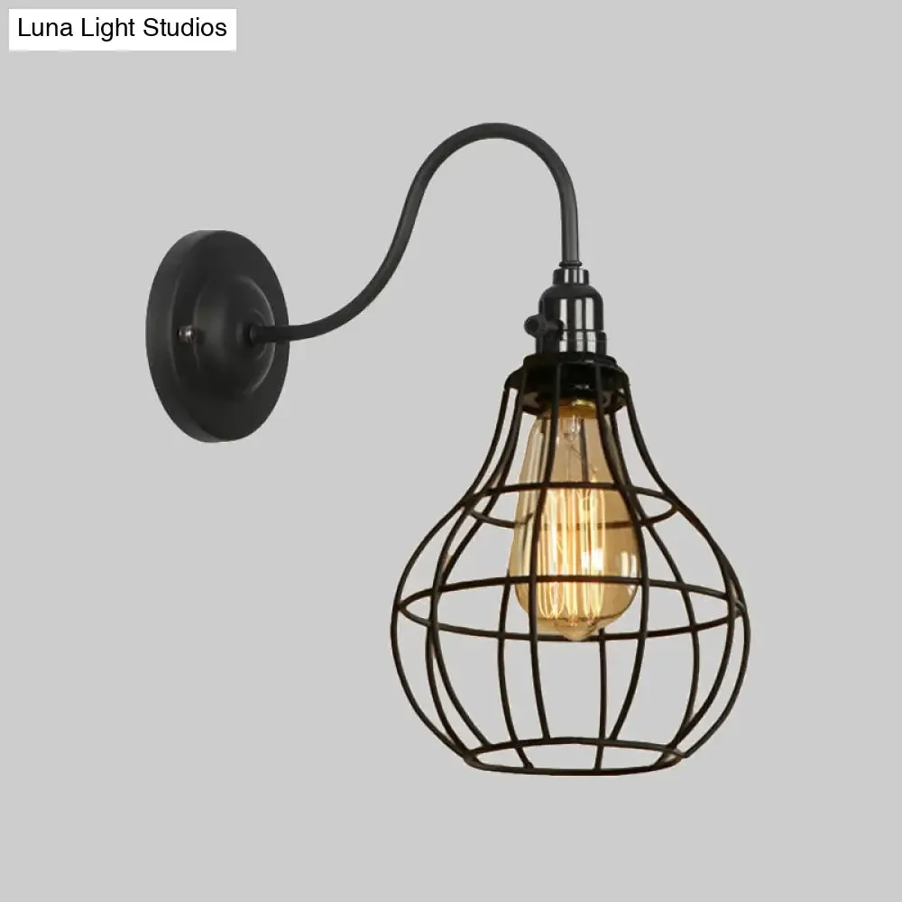 Industrial Cage Wall Sconce - 1 Bulb Metallic Wall Lighting with Gooseneck Arm in Black