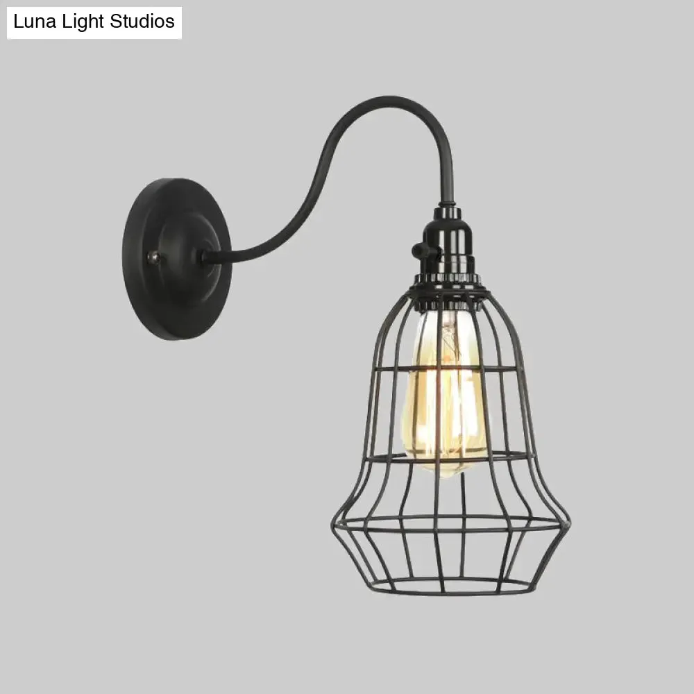 Industrial Cage Wall Sconce - 1 Bulb Metallic Wall Lighting with Gooseneck Arm in Black