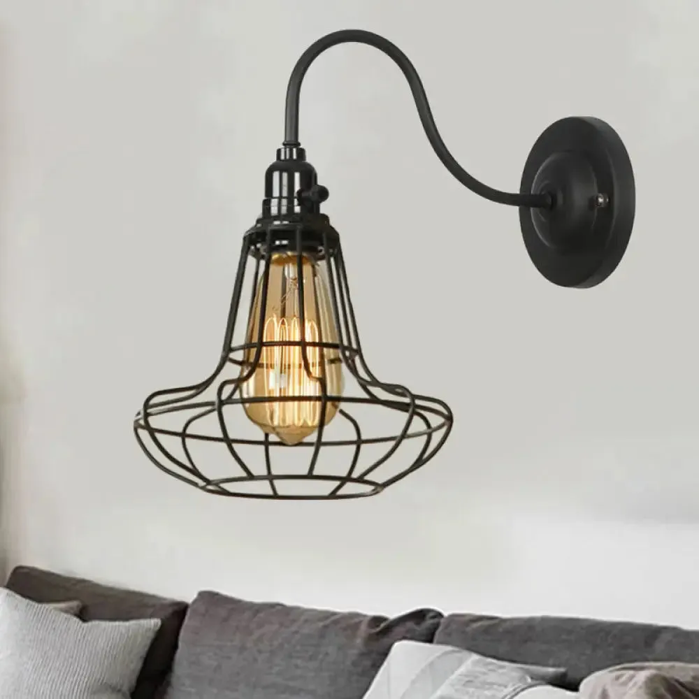 Industrial Cage Wall Sconce - 1 Bulb Metallic Wall Lighting with Gooseneck Arm in Black