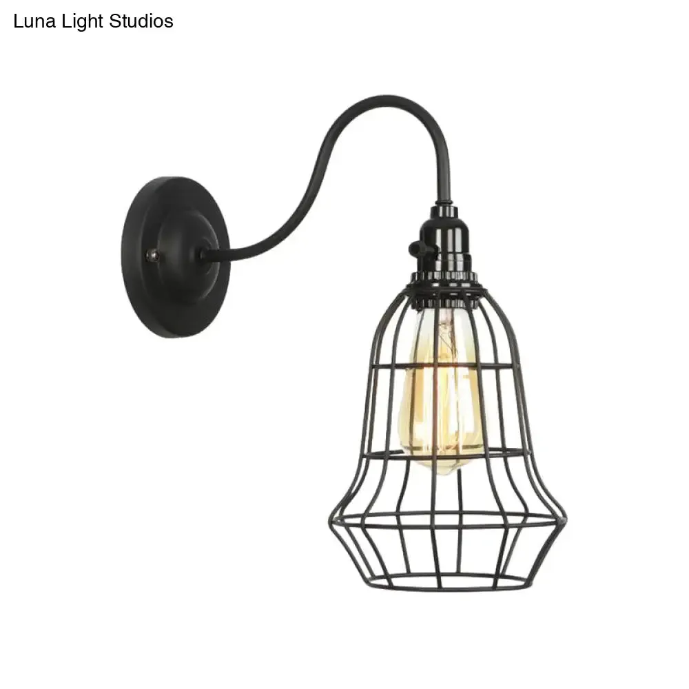 Industrial Cage Wall Sconce - 1 Bulb Metallic Wall Lighting with Gooseneck Arm in Black