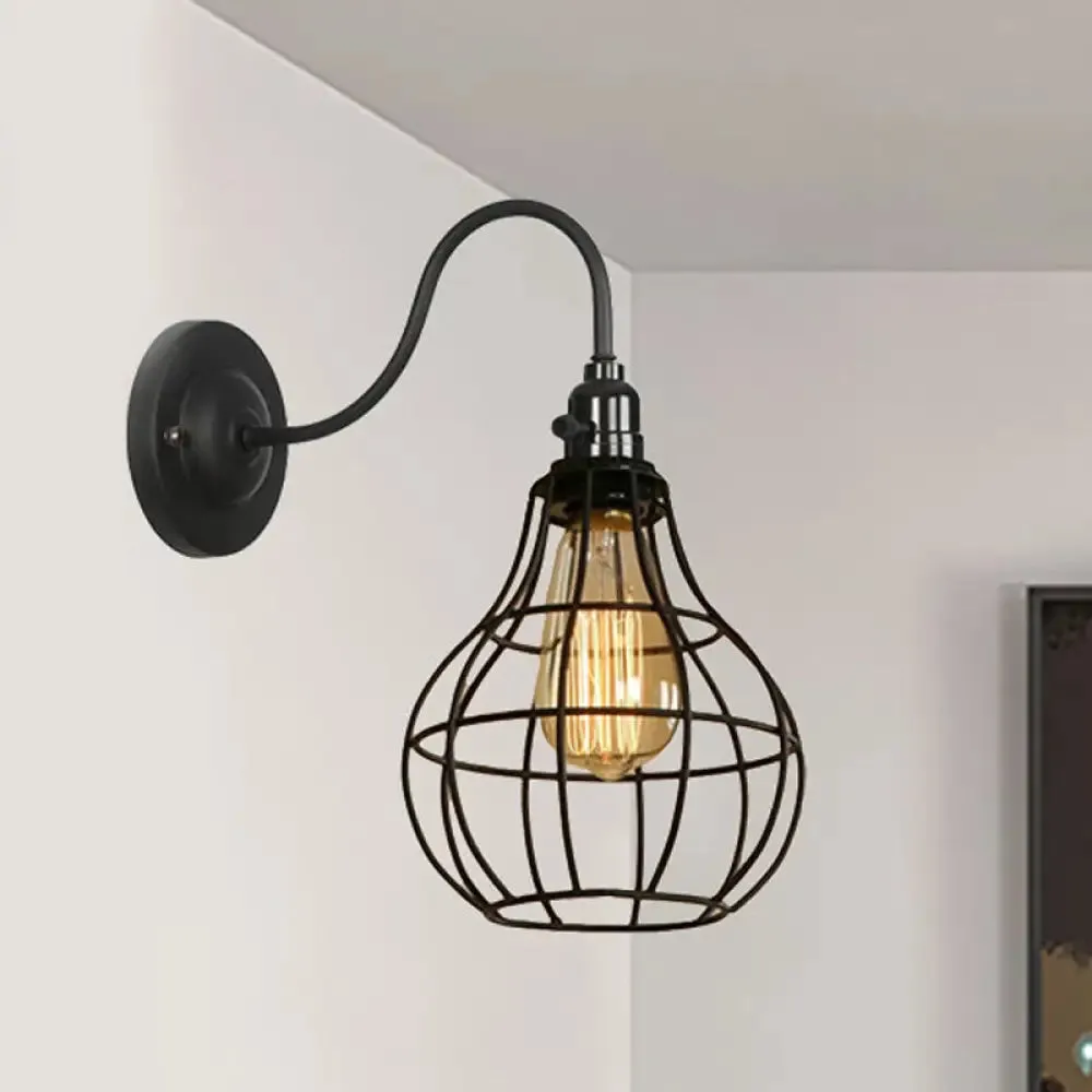 Industrial Cage Wall Sconce - 1 Bulb Metallic Wall Lighting with Gooseneck Arm in Black