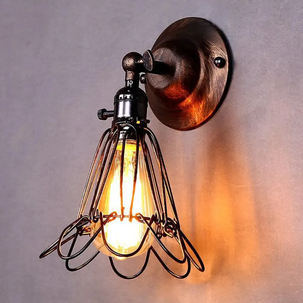 Industrial Iron Cage Rotatable Bronze Sconce Lamp - Floral Wall Mount Light for Bar