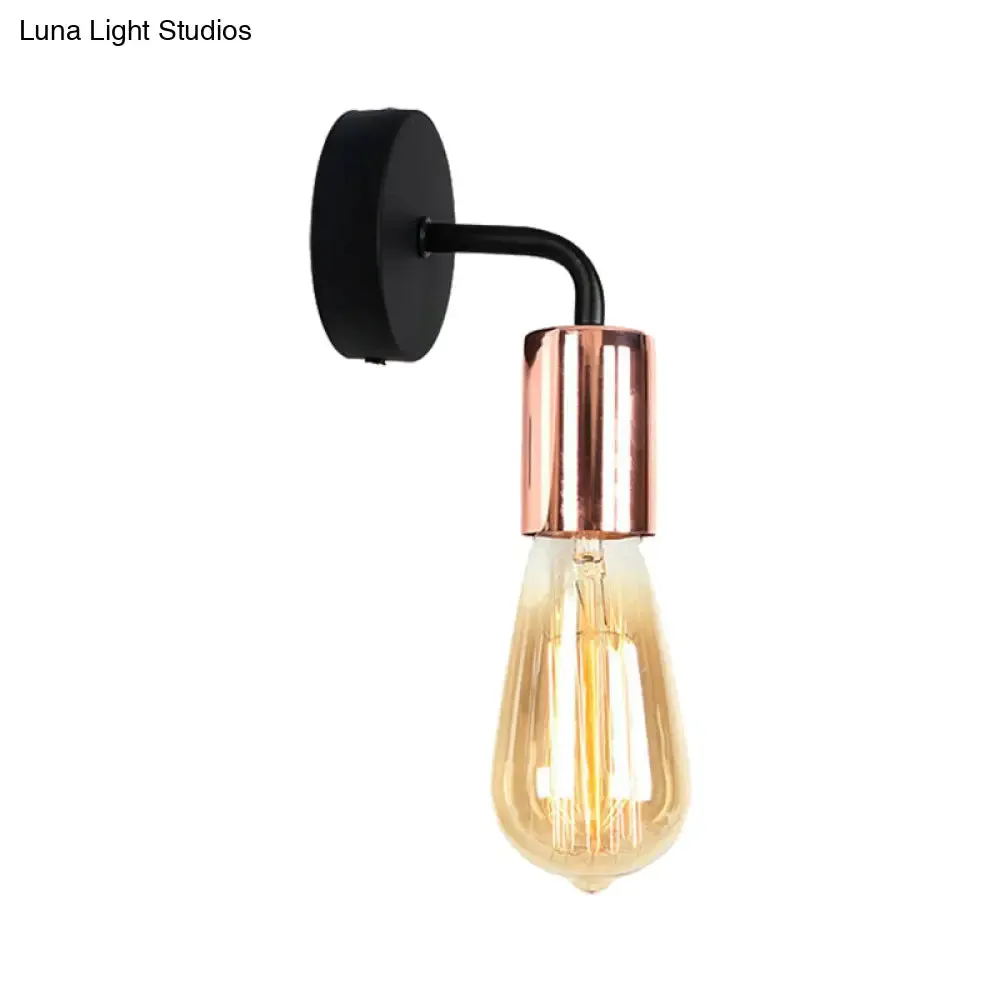 Industrial-Style Brass/Copper Open Bulb Sconce Light with Curved Arm - Metal Bedside Wall Lighting