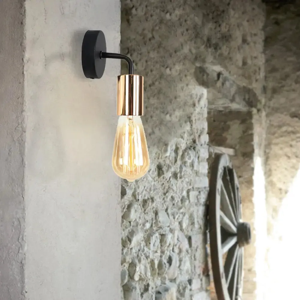 Industrial-Style Brass/Copper Open Bulb Sconce Light with Curved Arm - Metal Bedside Wall Lighting