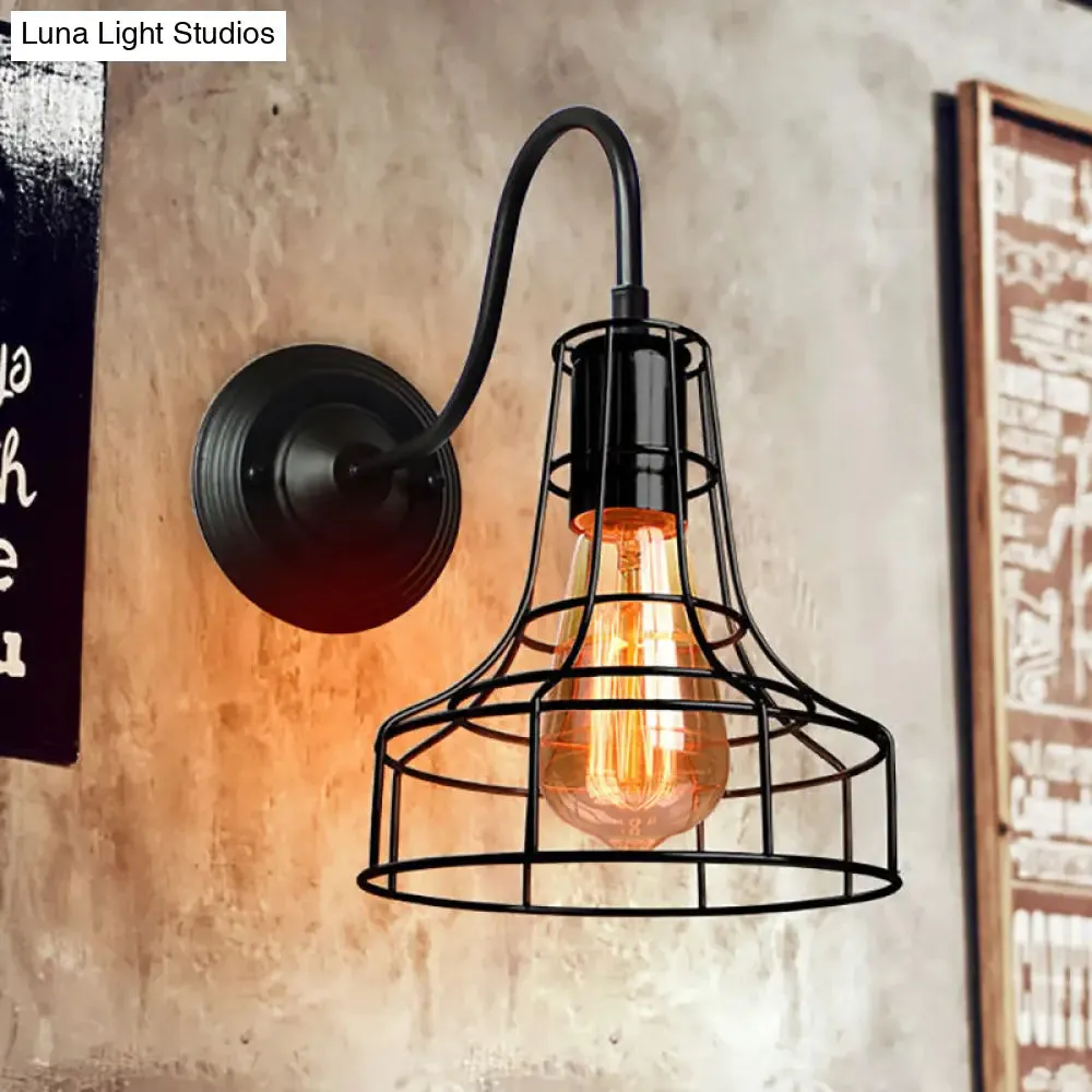 Industrial Style Metal Barn Wall Light Sconce - Black, 1 Bulb Wall Mounted Lamp with Wire Frame and Gooseneck Arm