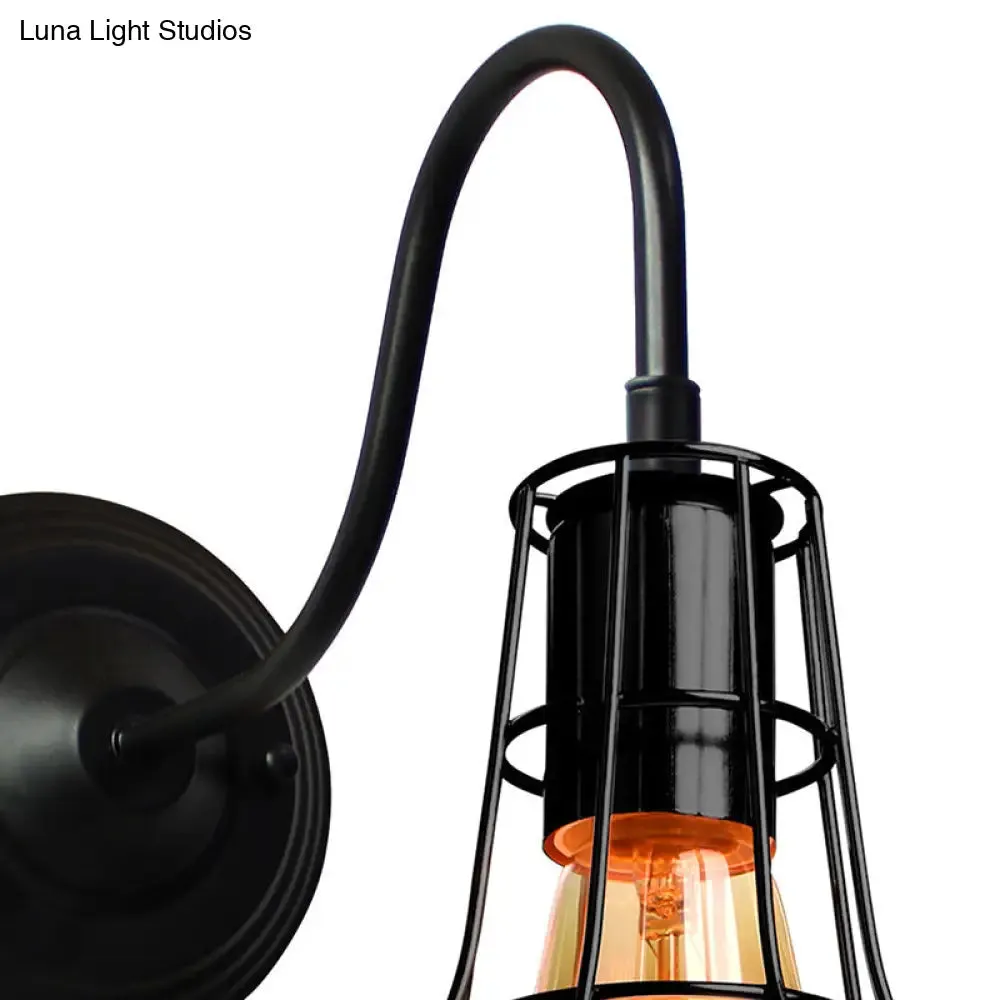 Industrial Style Metal Barn Wall Light Sconce - Black, 1 Bulb Wall Mounted Lamp with Wire Frame and Gooseneck Arm