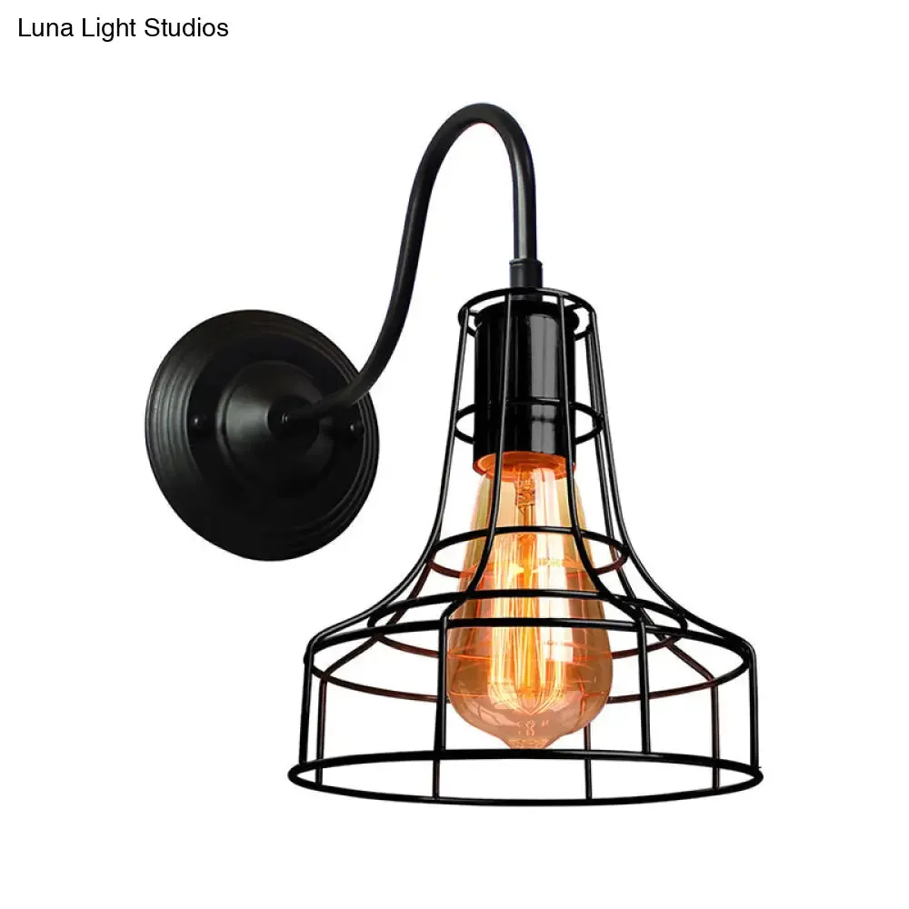 Industrial Style Metal Barn Wall Light Sconce - Black, 1 Bulb Wall Mounted Lamp with Wire Frame and Gooseneck Arm