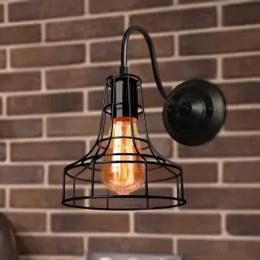 Industrial Style Metal Barn Wall Light Sconce - Black, 1 Bulb Wall Mounted Lamp with Wire Frame and Gooseneck Arm