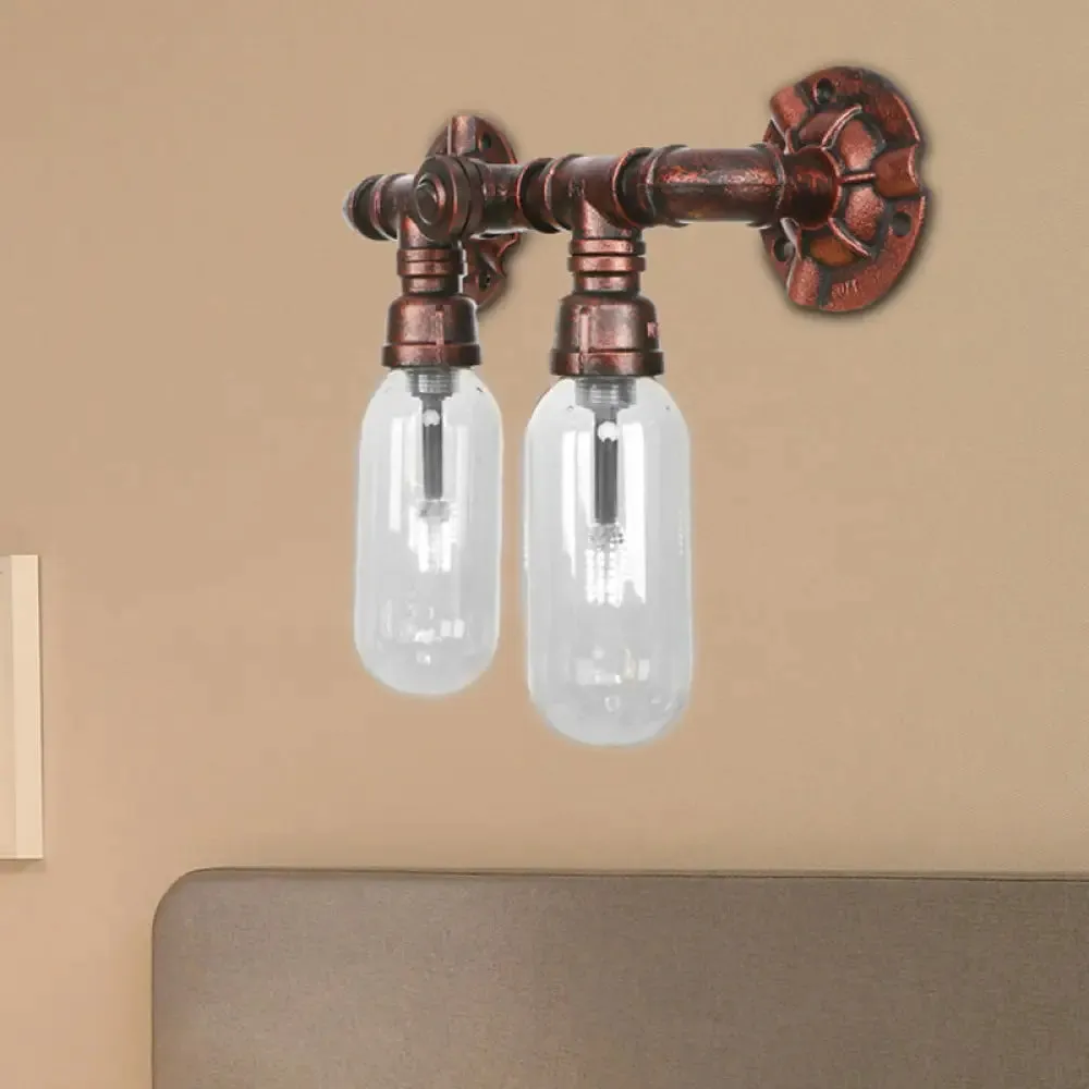 Industrial Weathered Copper Pipe Wall Sconce Lighting - Clear Glass Capsule & 2/4 Lights for Bedroom