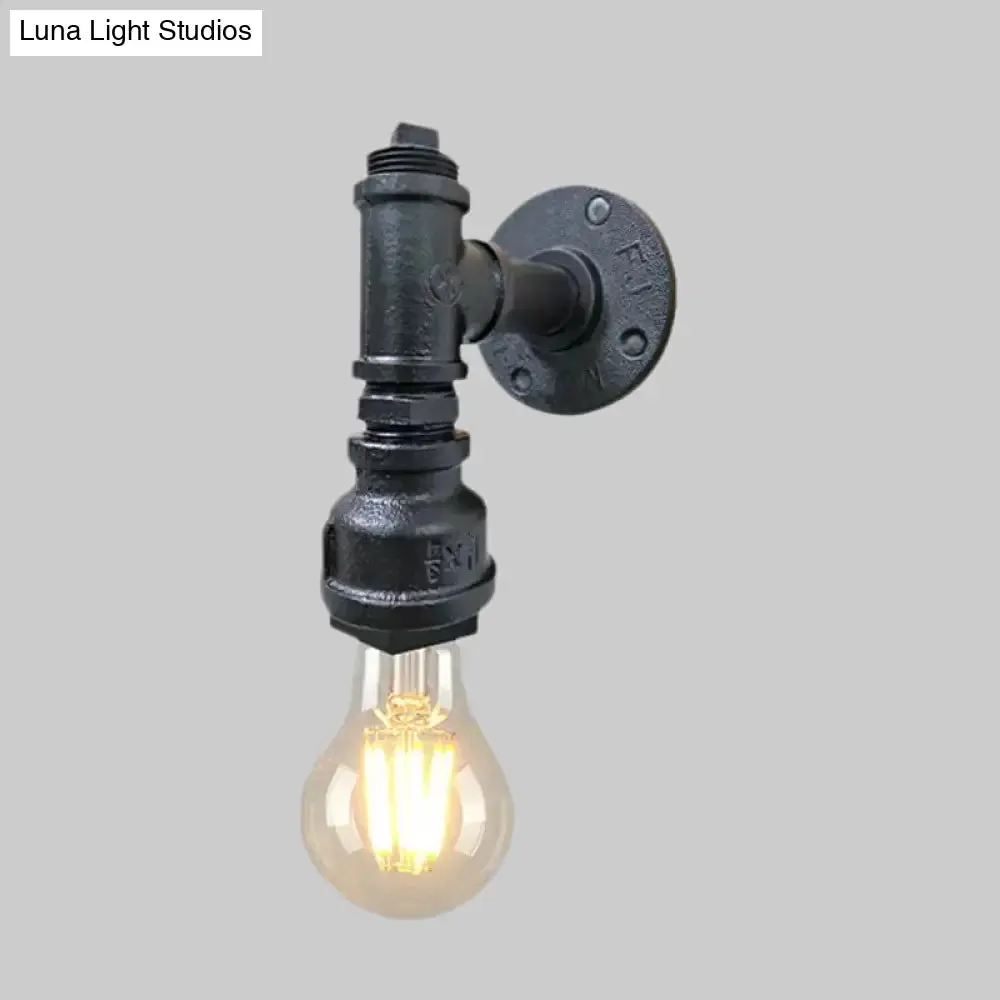 Iron Wall Sconce Lighting - Industrial Black/Aged Silver, Indoor Wall Mounted Lamp with Water Pipe - 1 Light Bare Bulb