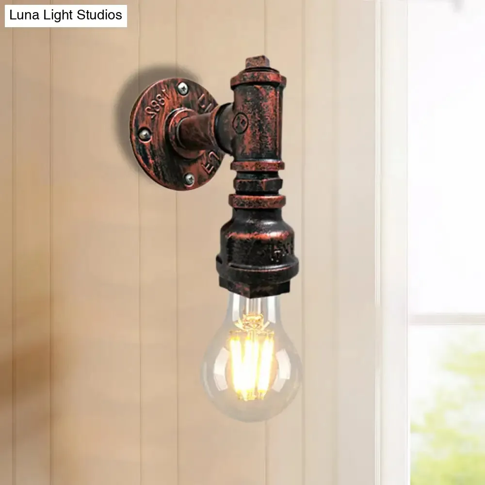 Iron Wall Sconce Lighting - Industrial Black/Aged Silver, Indoor Wall Mounted Lamp with Water Pipe - 1 Light Bare Bulb