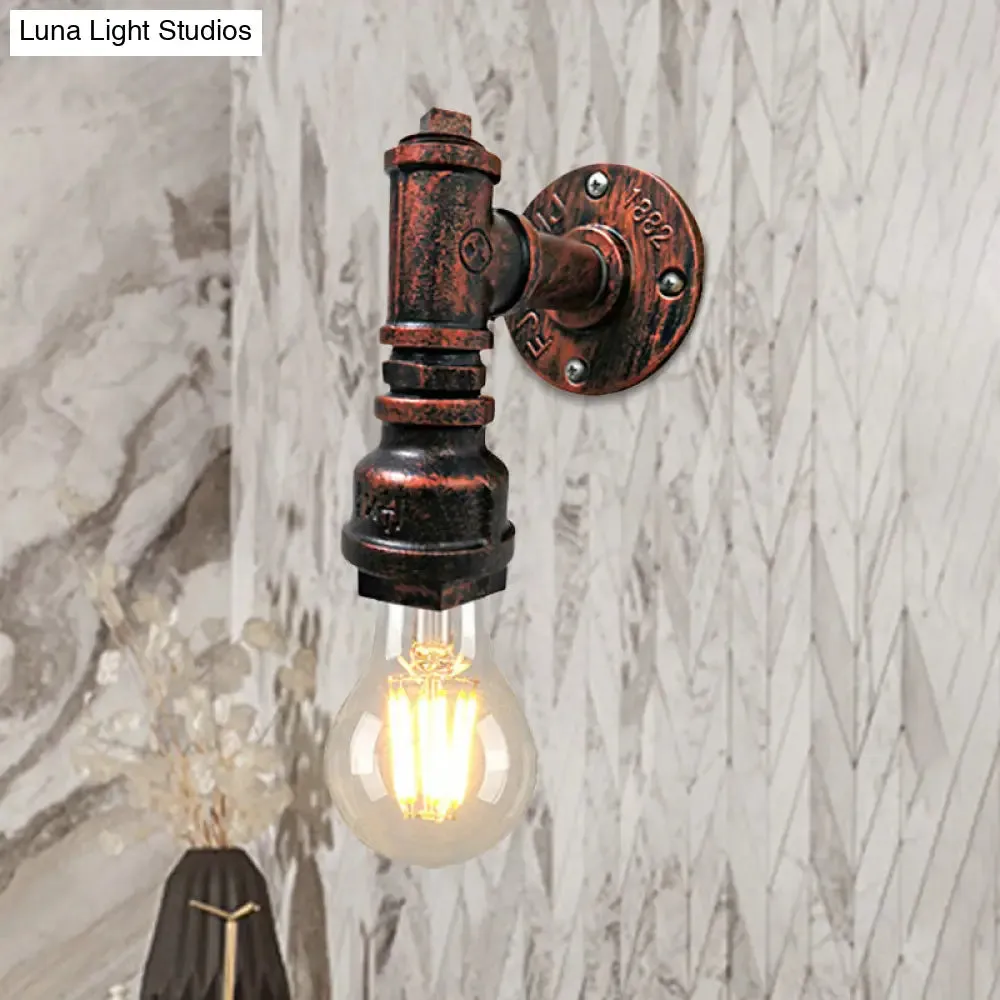 Iron Wall Sconce Lighting - Industrial Black/Aged Silver, Indoor Wall Mounted Lamp with Water Pipe - 1 Light Bare Bulb