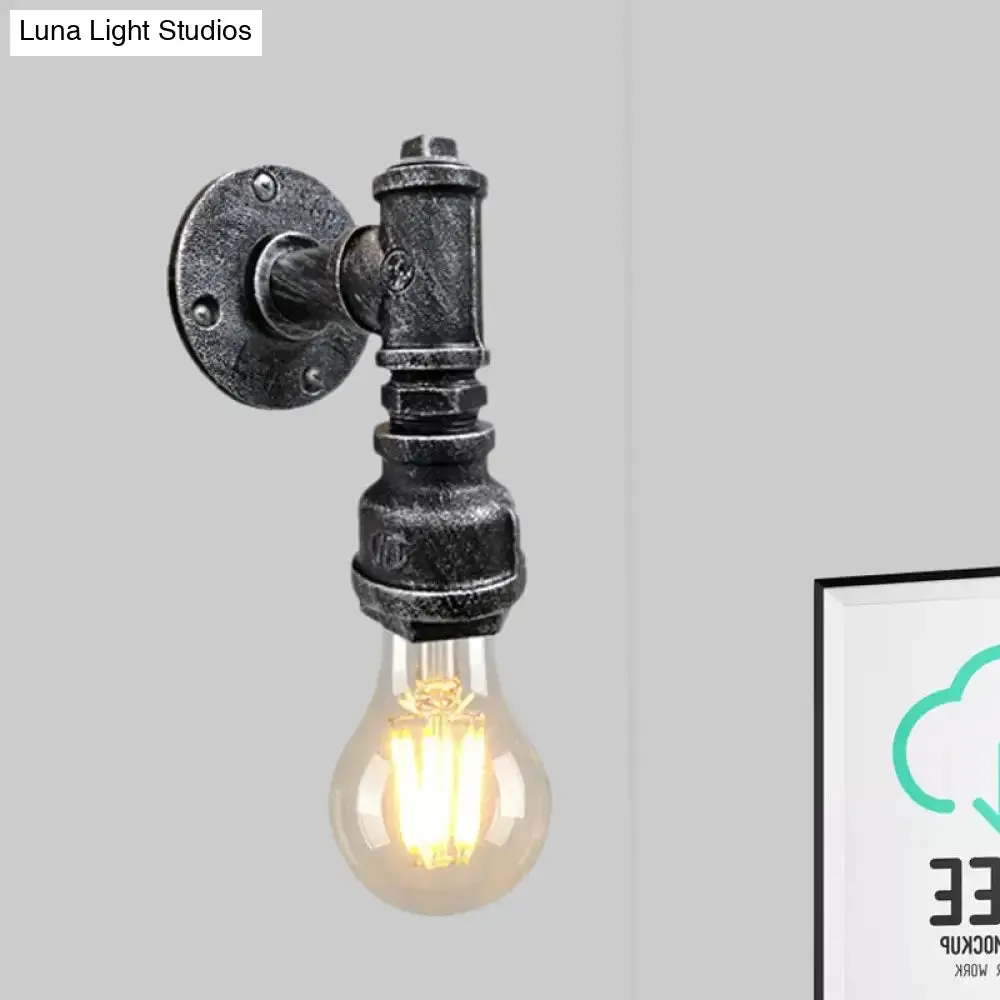 Iron Wall Sconce Lighting - Industrial Black/Aged Silver, Indoor Wall Mounted Lamp with Water Pipe - 1 Light Bare Bulb