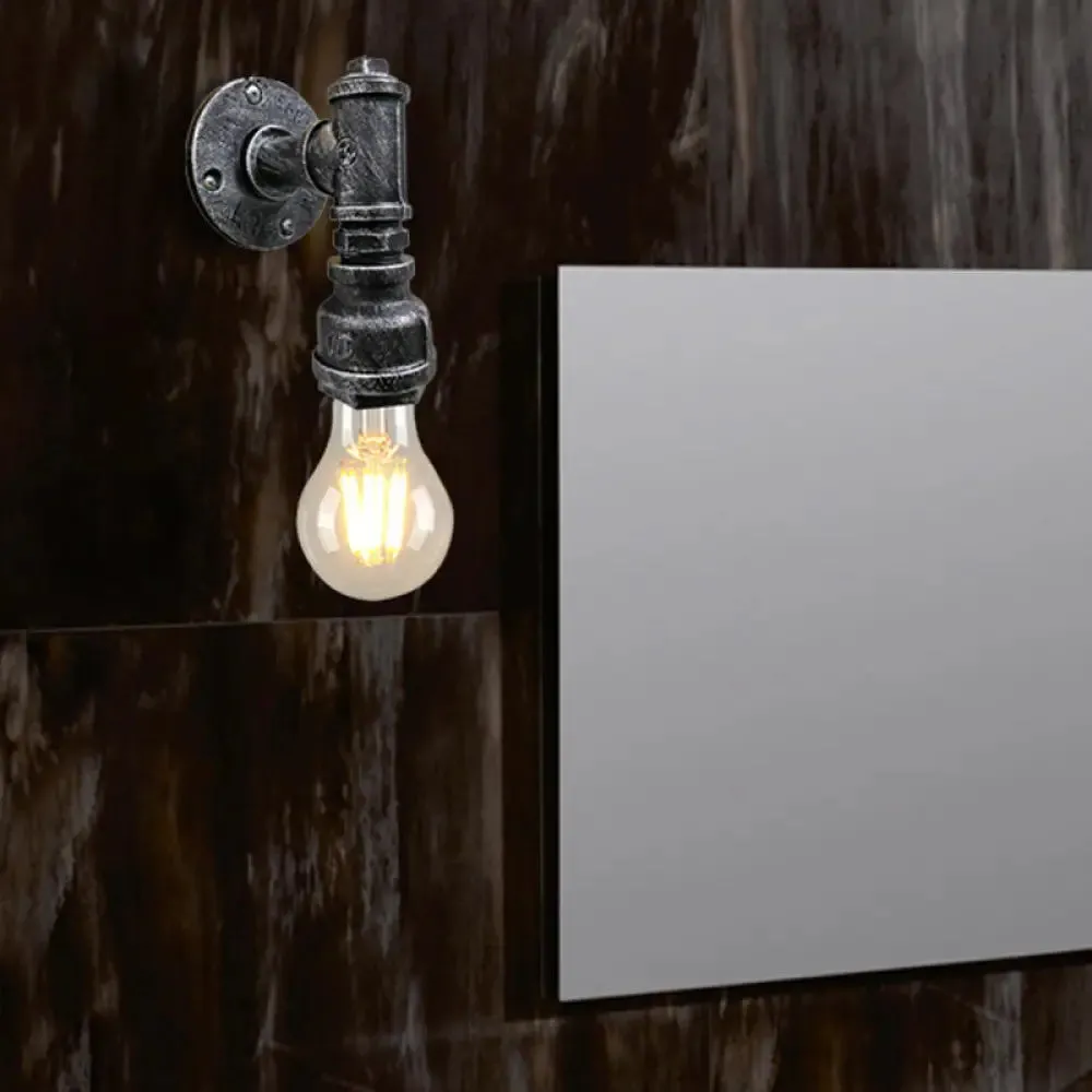 Iron Wall Sconce Lighting - Industrial Black/Aged Silver, Indoor Wall Mounted Lamp with Water Pipe - 1 Light Bare Bulb