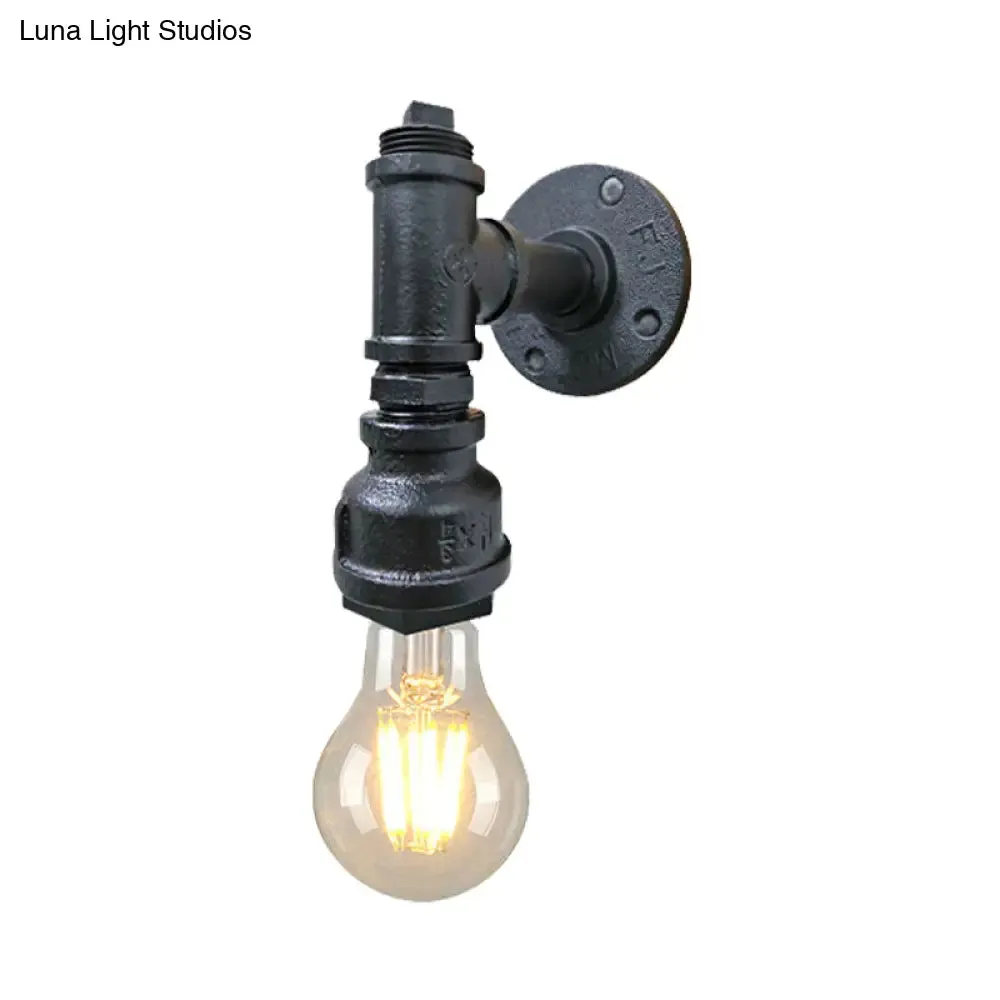 Iron Wall Sconce Lighting - Industrial Black/Aged Silver, Indoor Wall Mounted Lamp with Water Pipe - 1 Light Bare Bulb