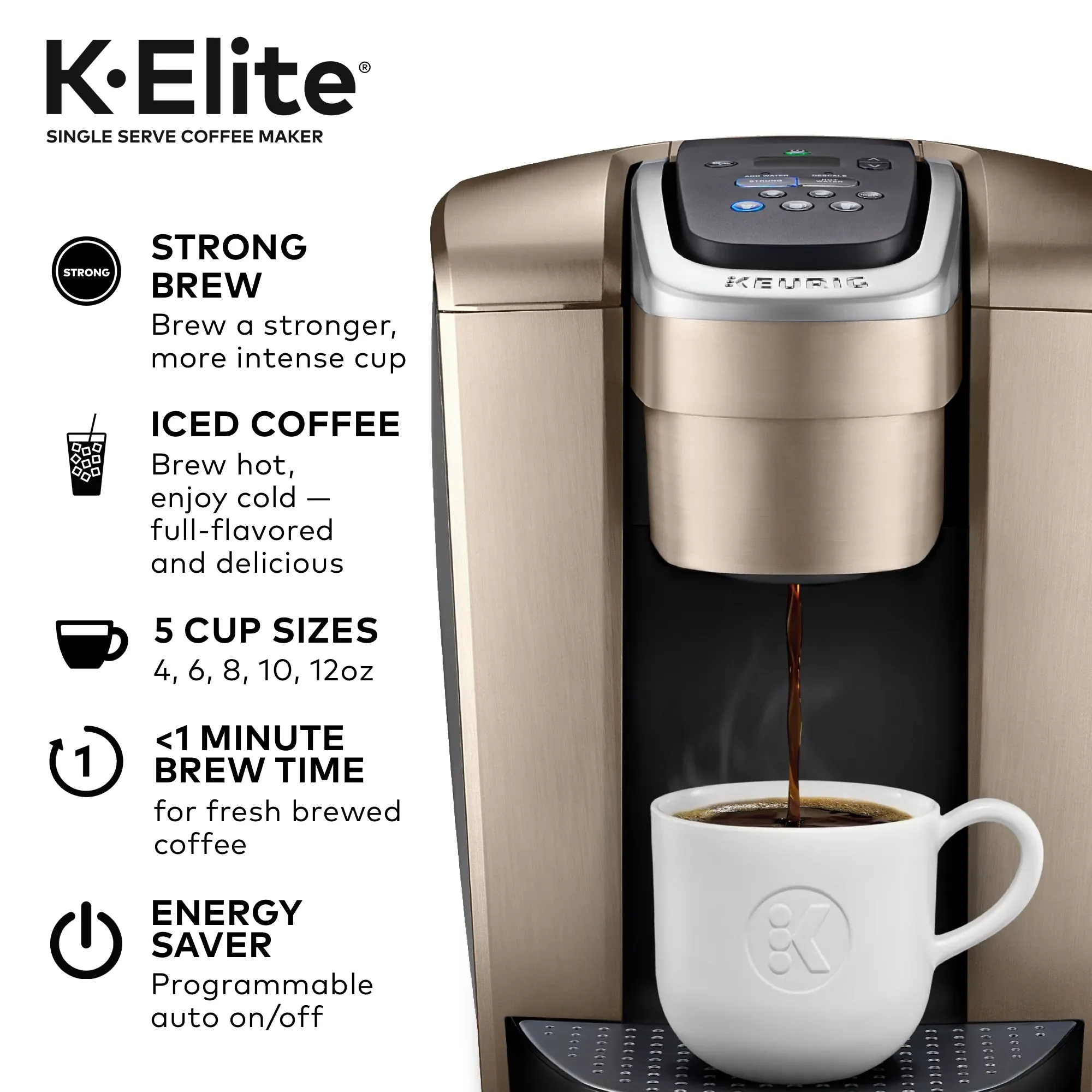 K-Elite, Single Serve K-Cup Pod Coffee Maker, Brushed Gold