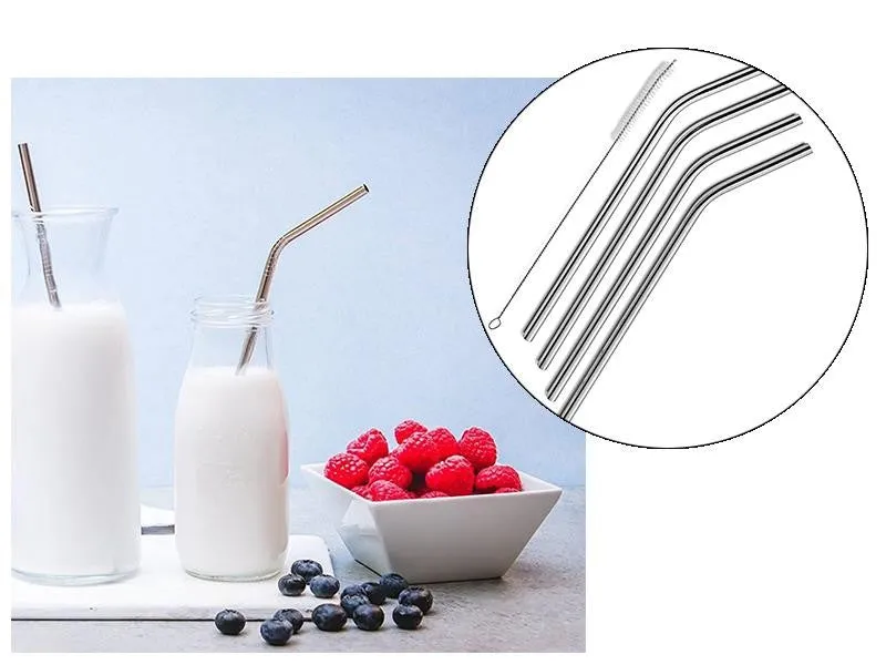 Kitchen 4pcs Stainless Steel Drinking Straws with Cleaning Brush (MOQ 2Pks)