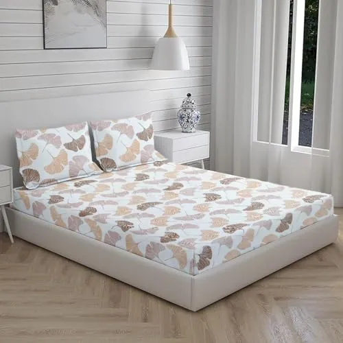 KRRS@Cotton Feel Glace Cotton Elastic Fitted Printed King Size Double Bed Bedsheet with 2 Pillow Cover(72" x78 8’’inches) Elastic On All Around Side to Grip The Mattress (Peach White Flower)