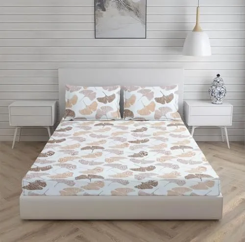 KRRS@Cotton Feel Glace Cotton Elastic Fitted Printed King Size Double Bed Bedsheet with 2 Pillow Cover(72" x78 8’’inches) Elastic On All Around Side to Grip The Mattress (Peach White Flower)