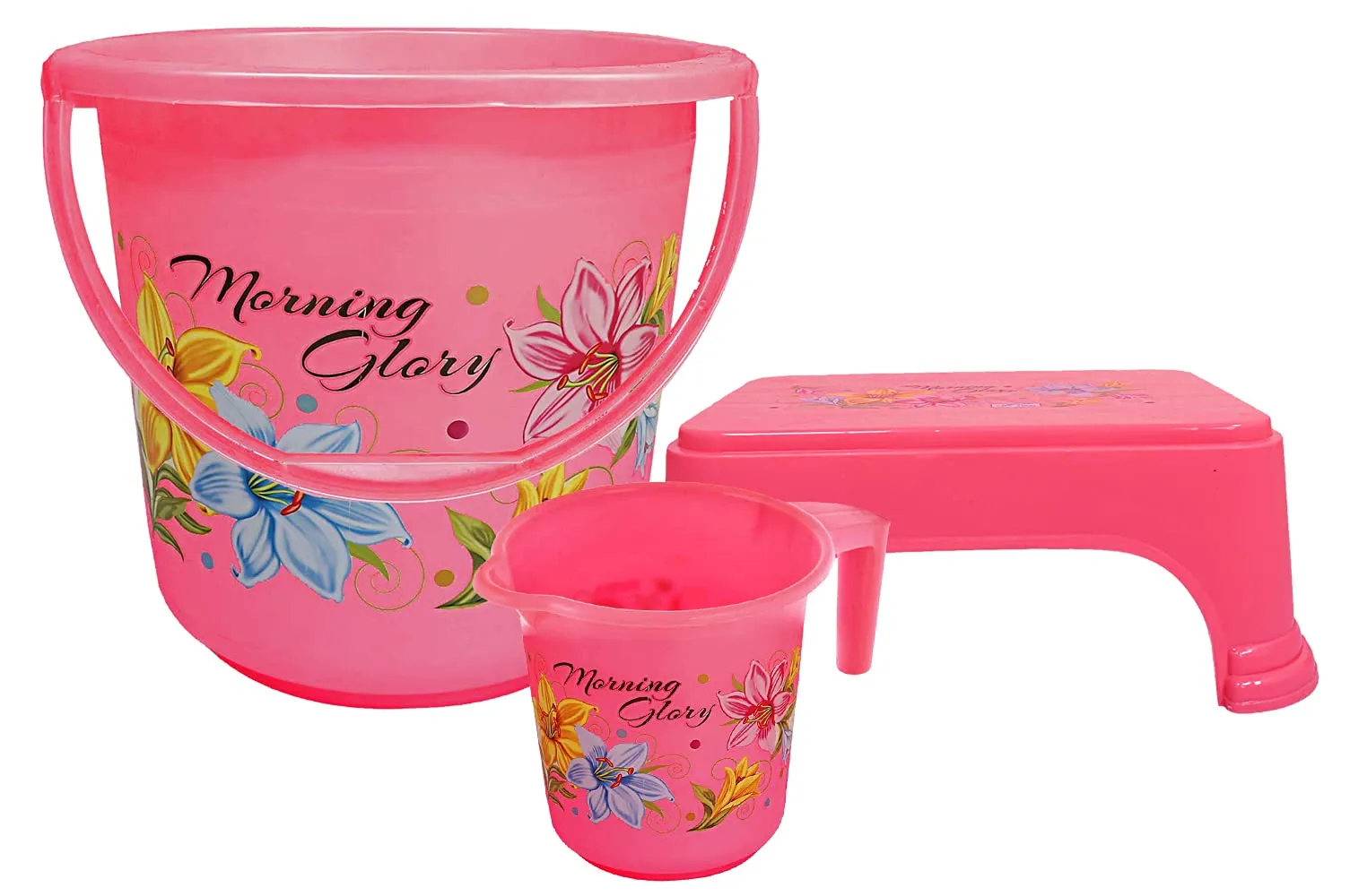 Kuber Industries Printed 3 Pieces Plastic Bucket, Mug & Stool Set (Pink)