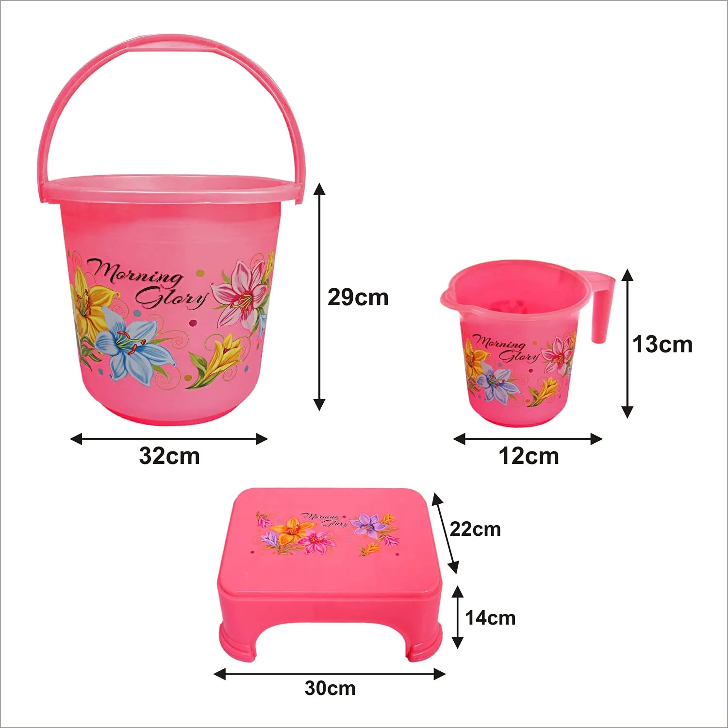 Kuber Industries Printed 3 Pieces Plastic Bucket, Mug & Stool Set (Pink)