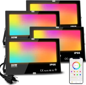 LED Flood Light Outdoor 800W Equivalent 8000LM Smart RGB Landscape Lighting with APP Control, DIY Scenes - Timing - Warm White 2700K - Color Changing Uplight, IP66 Waterproof US Plug (4Pack)