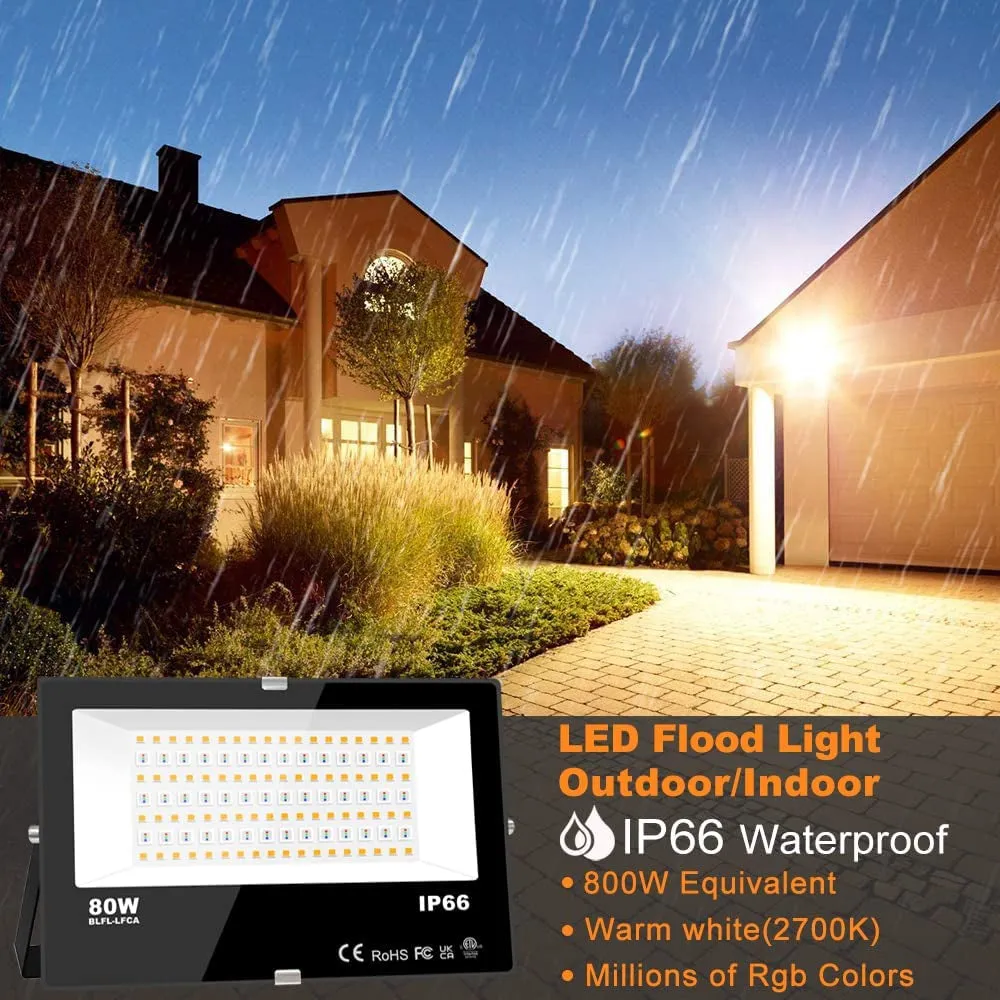 LED Flood Light Outdoor 800W Equivalent 8000LM Smart RGB Landscape Lighting with APP Control, DIY Scenes - Timing - Warm White 2700K - Color Changing Uplight, IP66 Waterproof US Plug (4Pack)