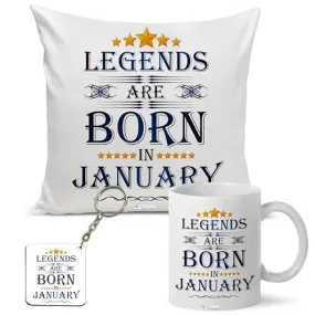 Legends are Born in January Happy Birthday Gift Combo Set (1 Printed 12” x 12” Satin Cushion with Filler, 1 Coffee Mug (January, ATCMK)