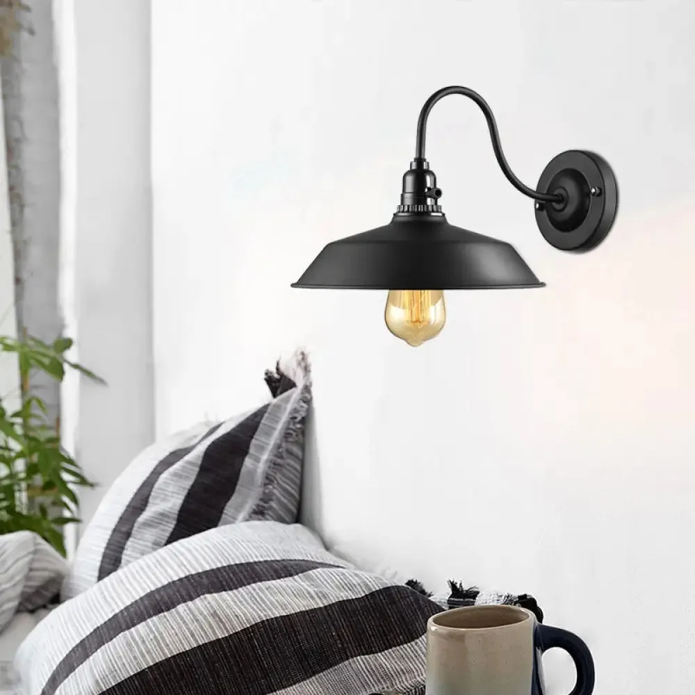 Metallic Barn Shade Wall Lamp - Industrial Bedroom Wall Lighting in Black