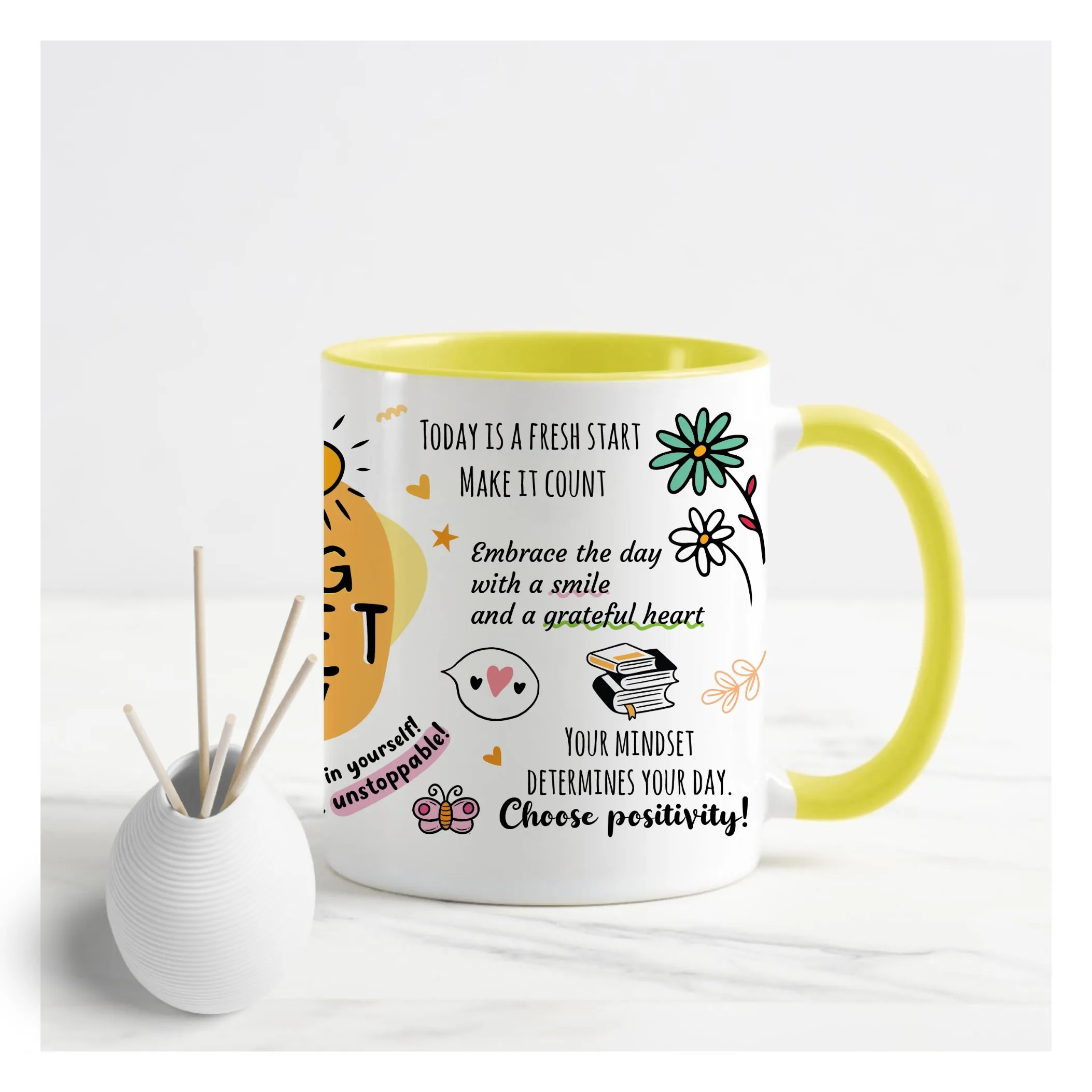 Morning Mindset Mug - Yellow Handle and inner