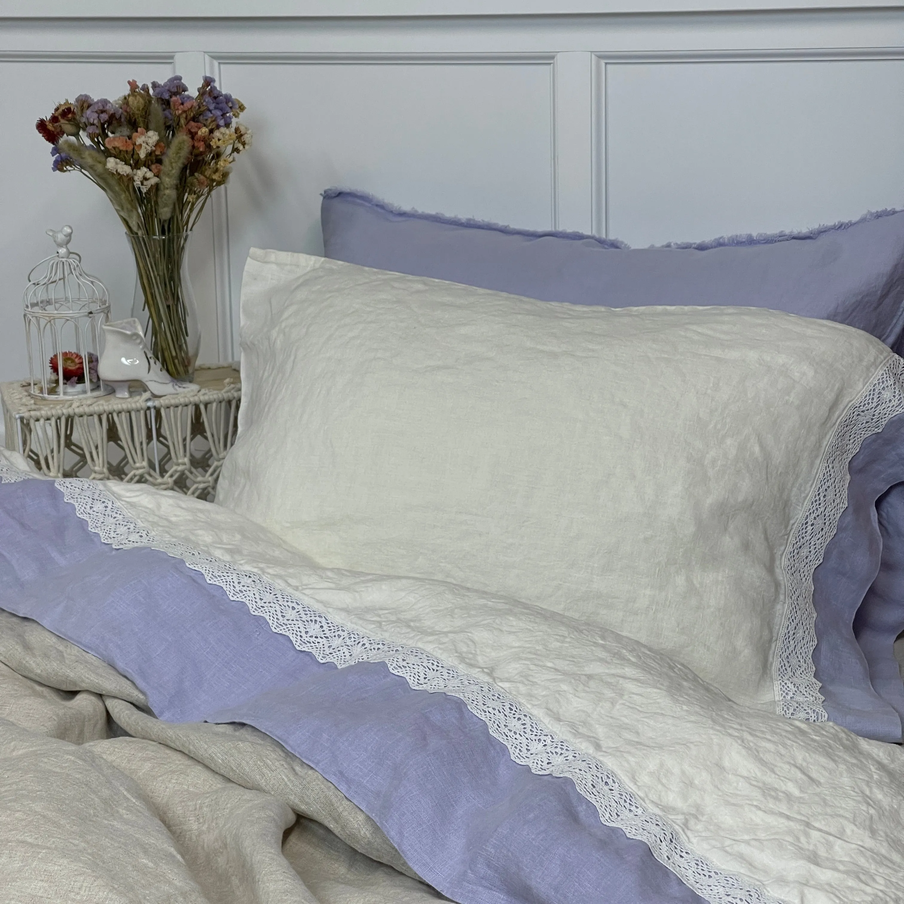 Off-white Silver Lilac Flax Pillowcase with Lace