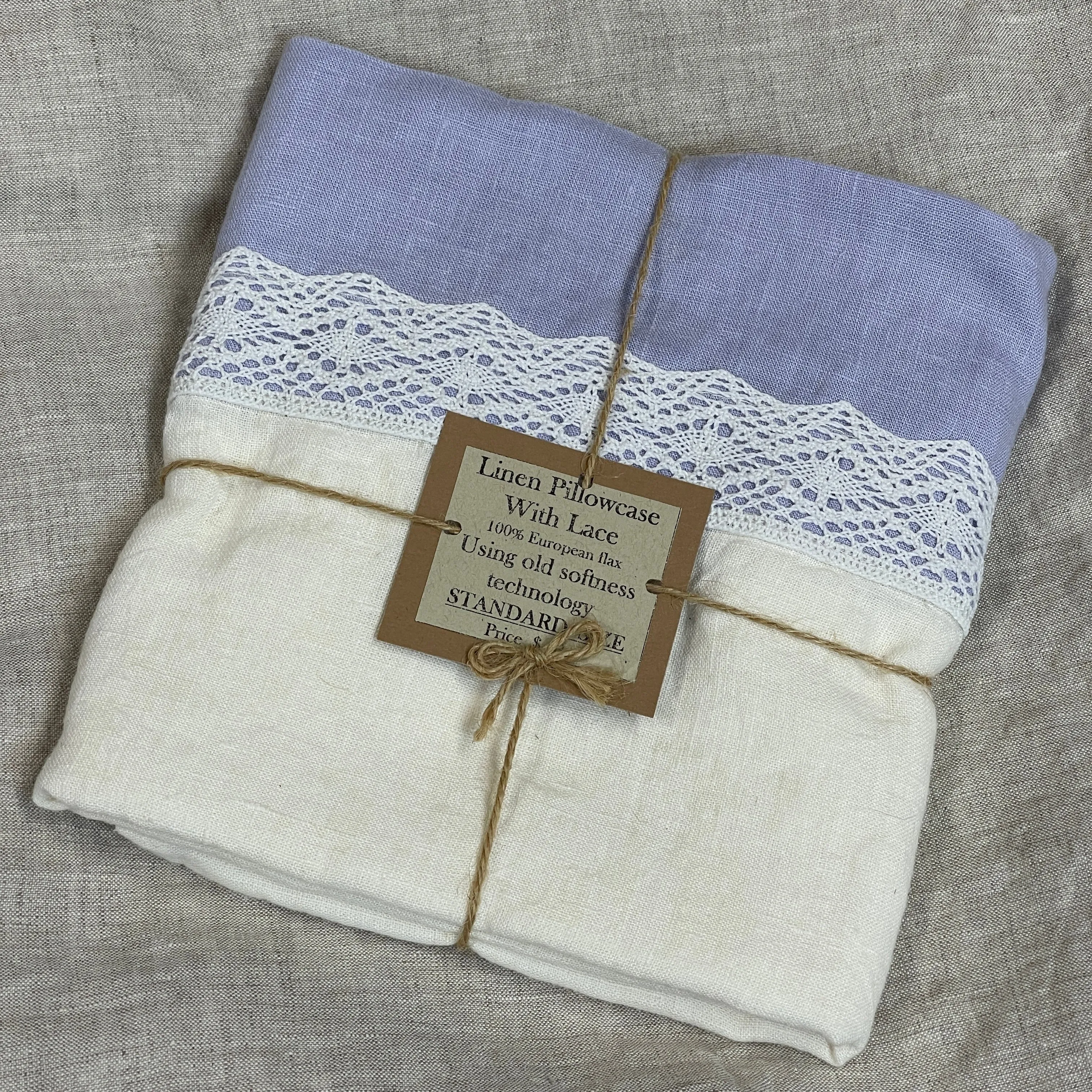 Off-white Silver Lilac Flax Pillowcase with Lace