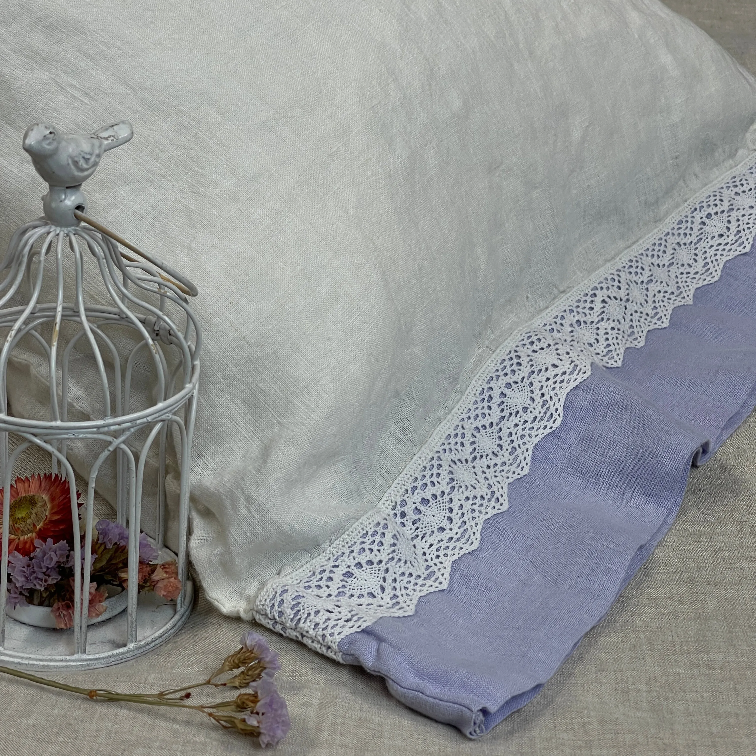 Off-white Silver Lilac Flax Pillowcase with Lace