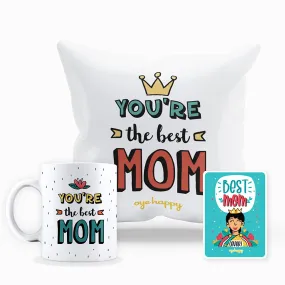 Oye Happy - Best Mom Combo (Best Mom Magnet, Mug and Cushion) - Unique Gift for Mother/Mother-in-Law on Mother's Day/Birthday