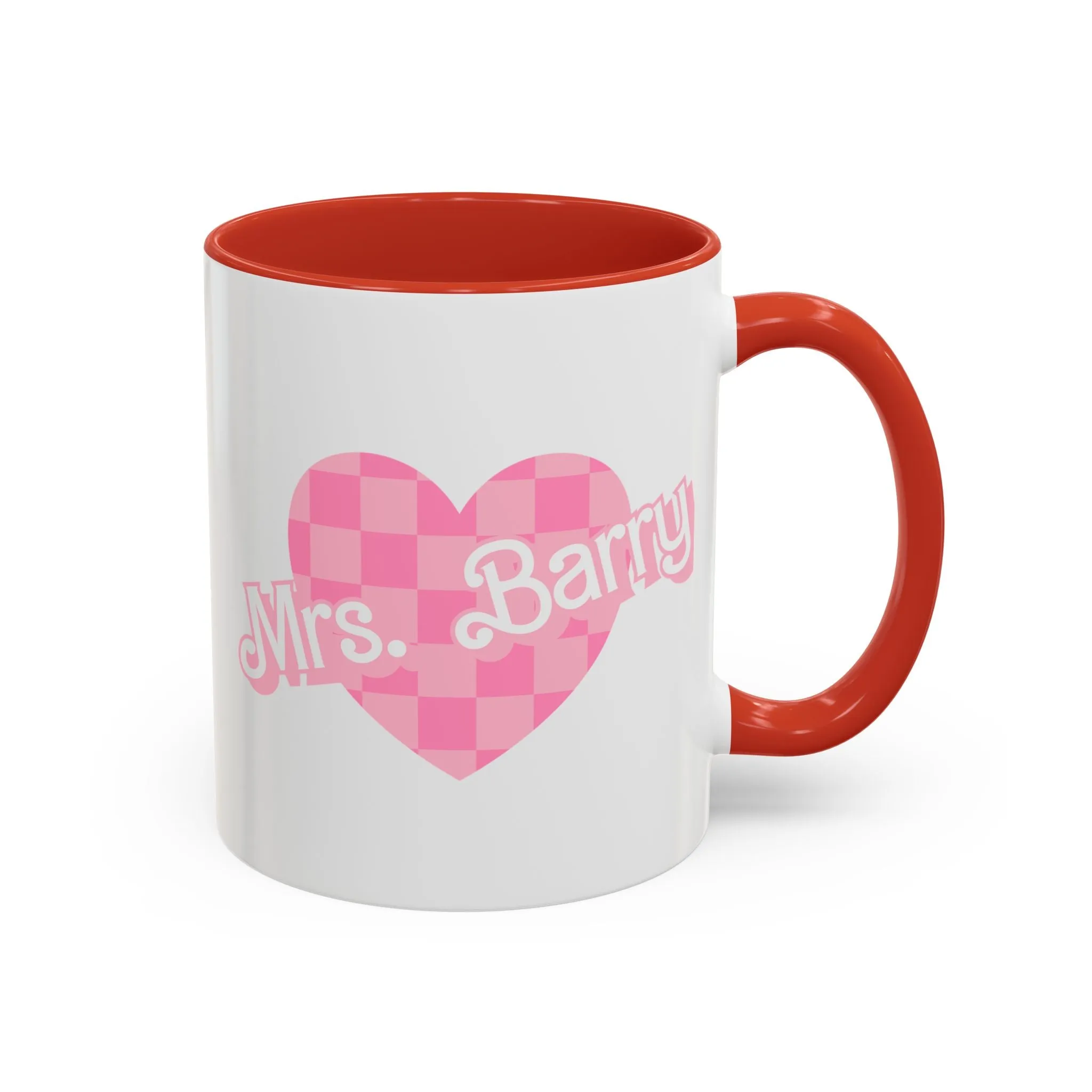 Personalized Checkered Heart Teacher Mug, 90s Pink Custom Gift for Educator School Staff, 11oz, 15oz