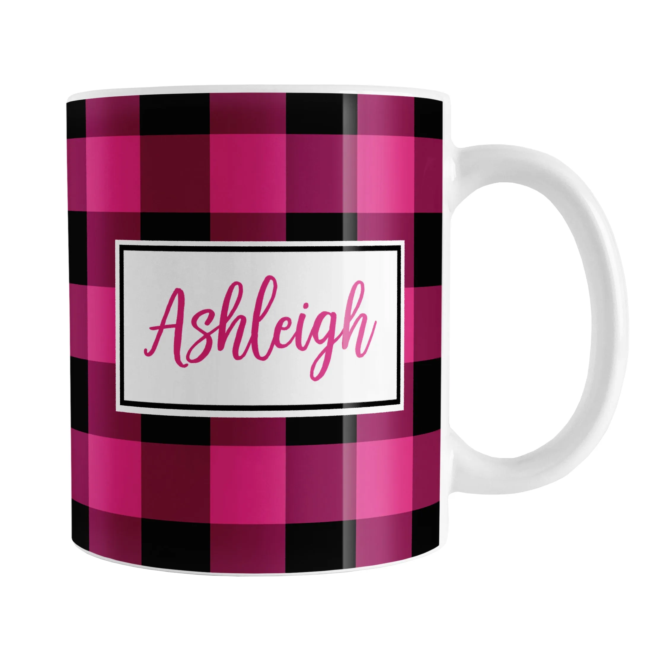 Personalized Name Pink and Black Buffalo Plaid Mug