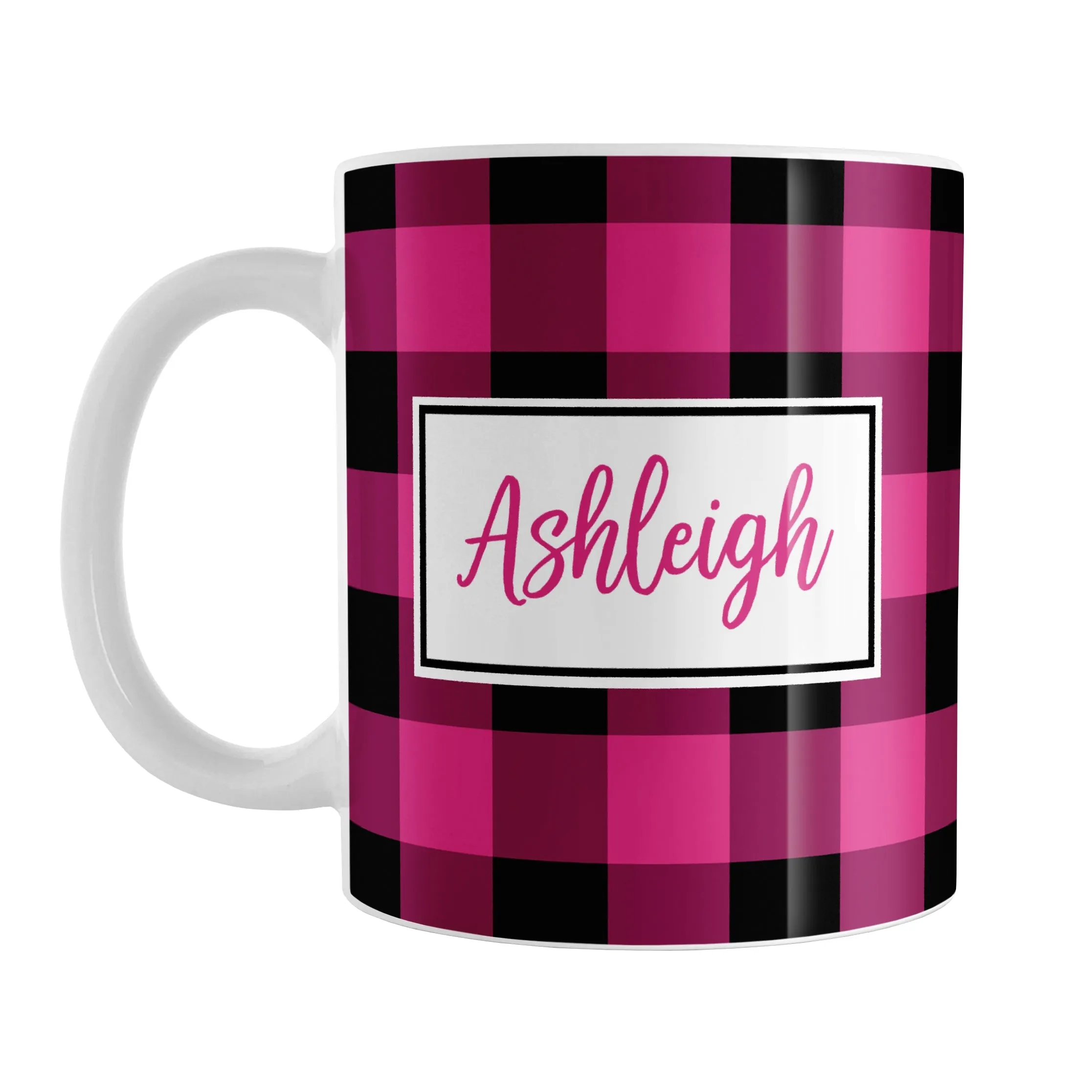 Personalized Name Pink and Black Buffalo Plaid Mug