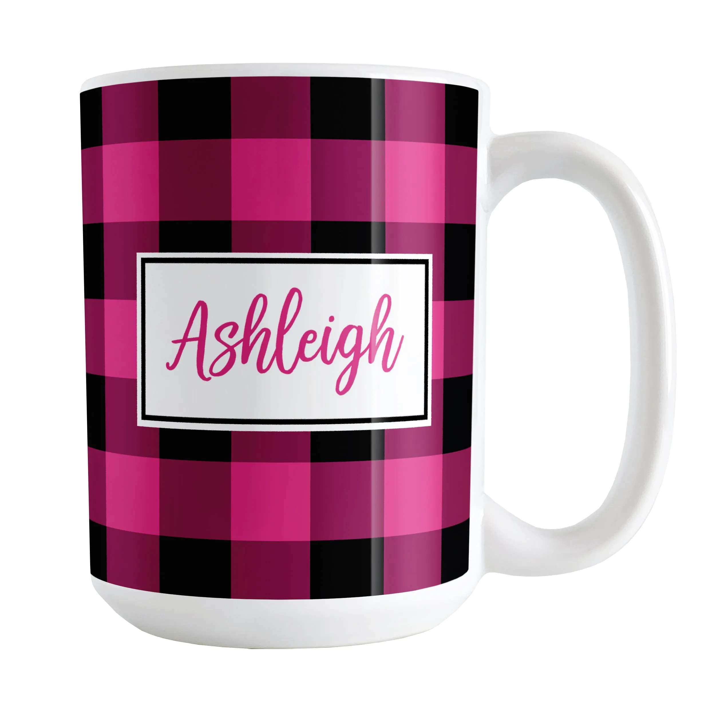 Personalized Name Pink and Black Buffalo Plaid Mug