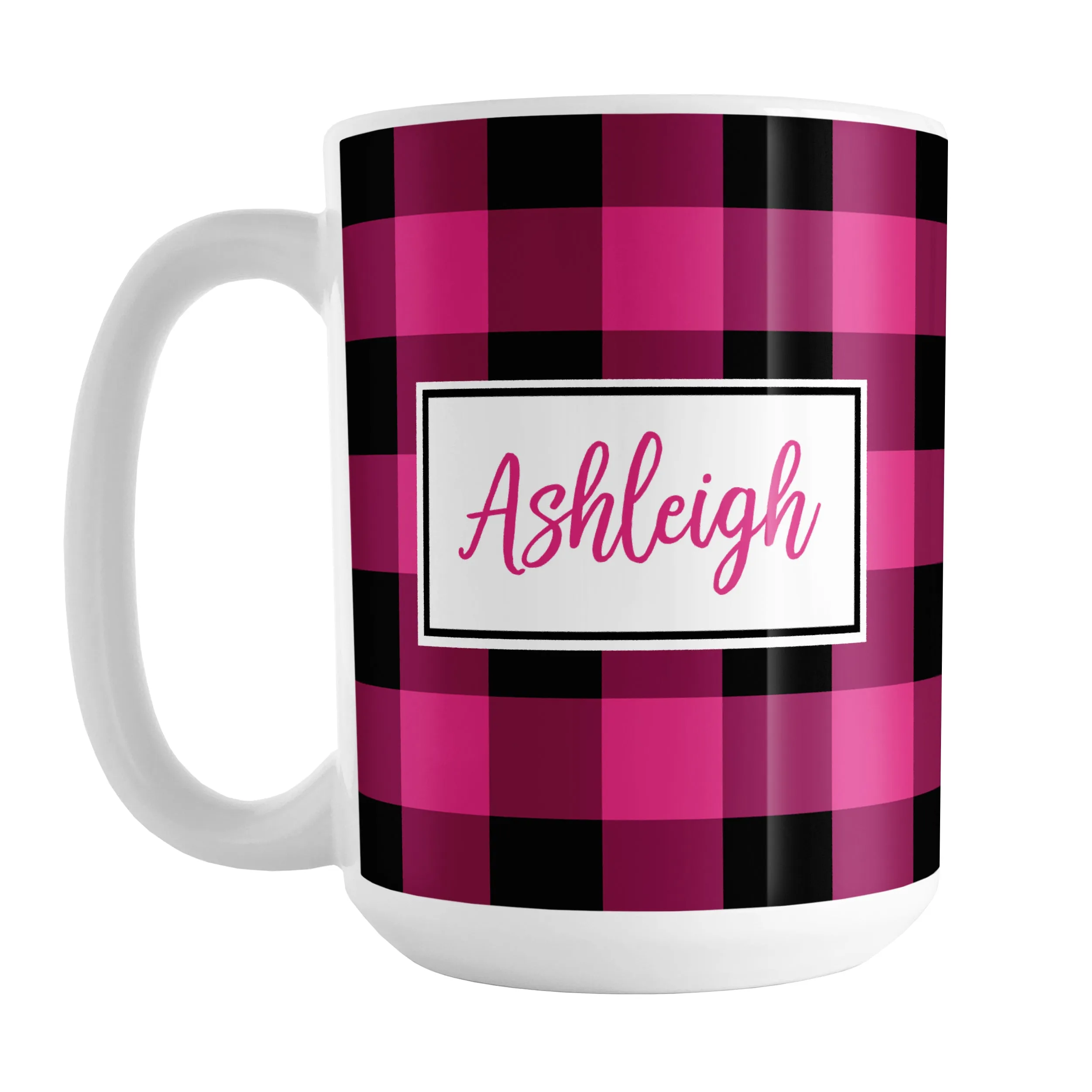 Personalized Name Pink and Black Buffalo Plaid Mug