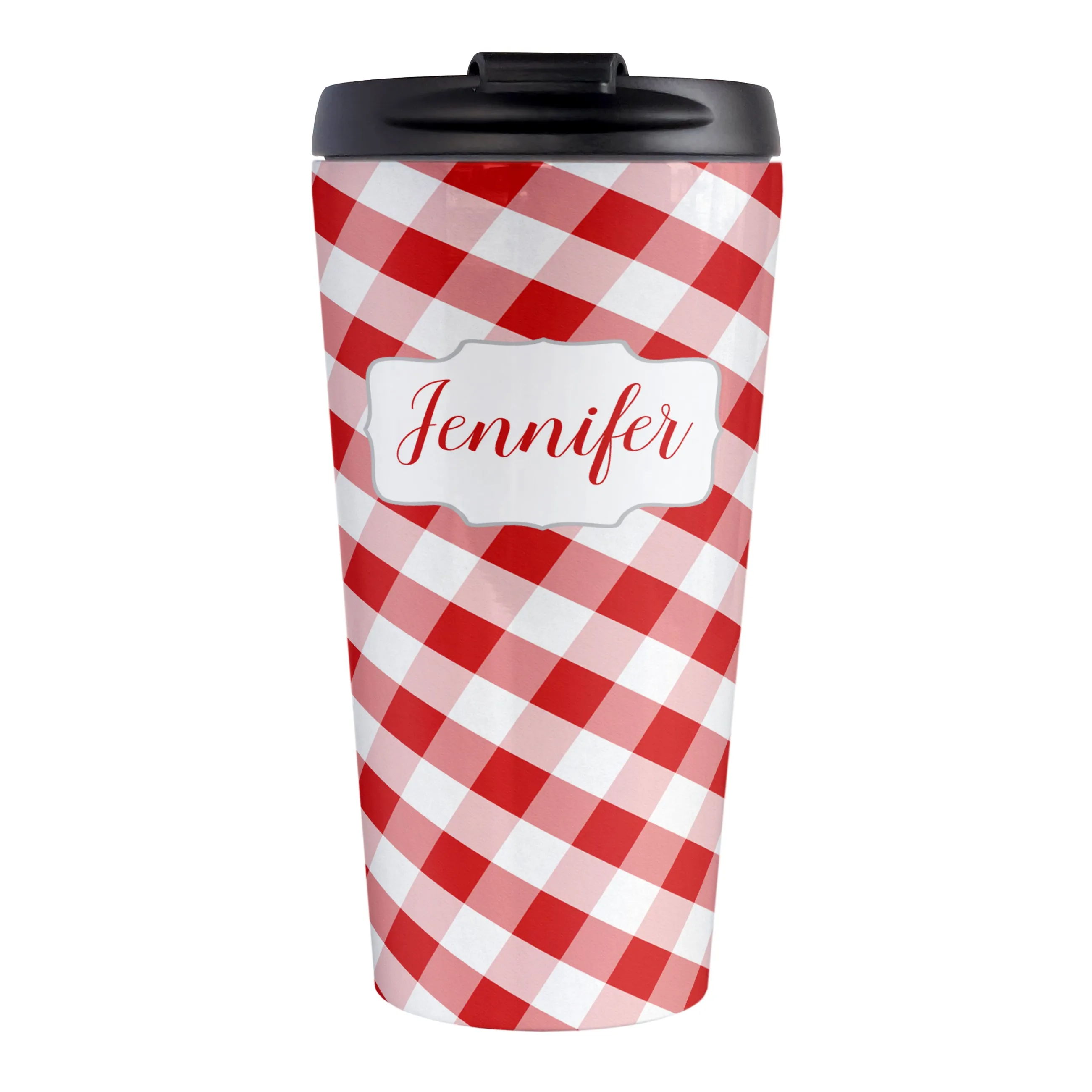 Personalized Red Gingham Travel Mug