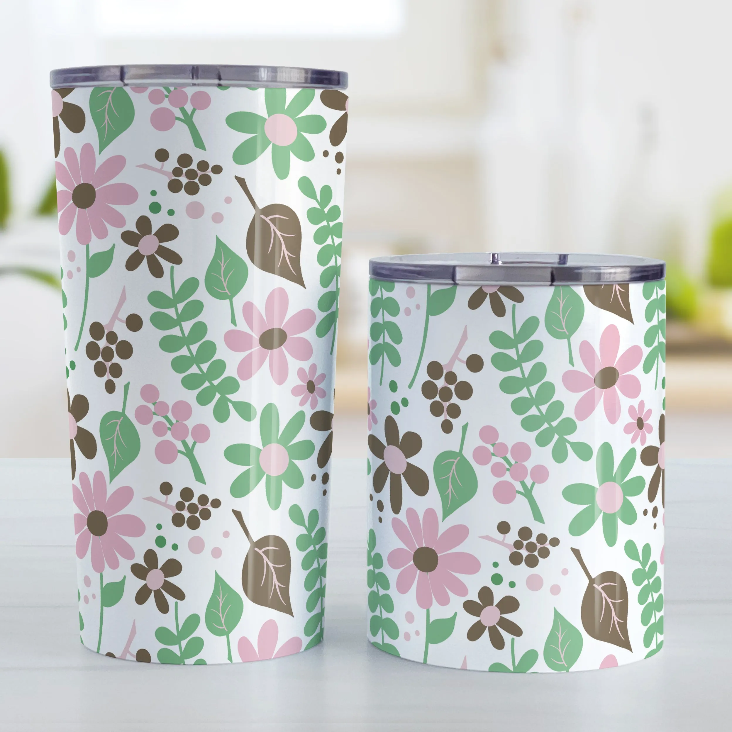 Pink Green Brown Floral Pattern Tumbler Cup