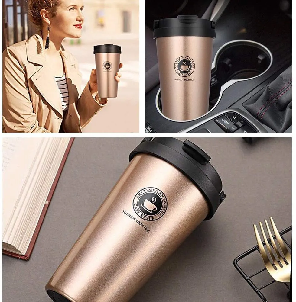 PLUMAZE Stainless Steel Vacuum Insulated Travel Tea and Coffee Mug -Insulated Cup for Hot & Cold Drinks, Travel Thermos Flask with Lid- Golden (Golden)