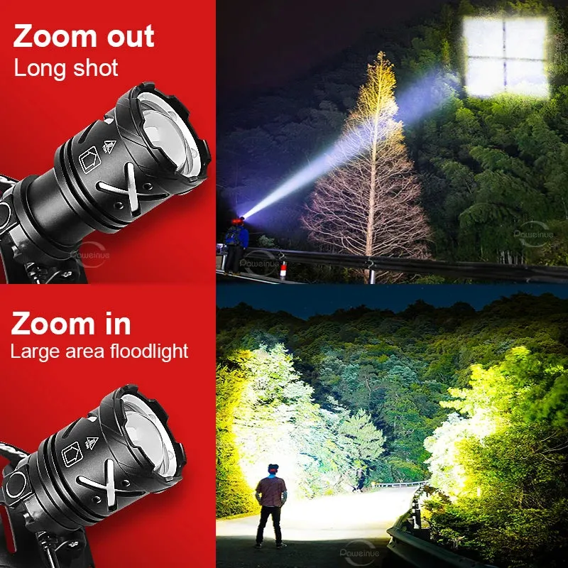 Power Bank LED Headlamp XHP70 Super Bright Type-c Rechargeable Headlight Telescopic Zoom Flashlight 18650 High Capacity Camping