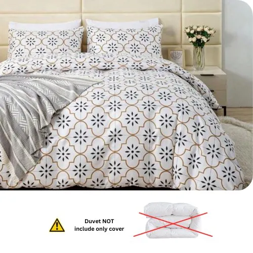 Queen size 6 piece duvet cover set modern tile print bedding set white.