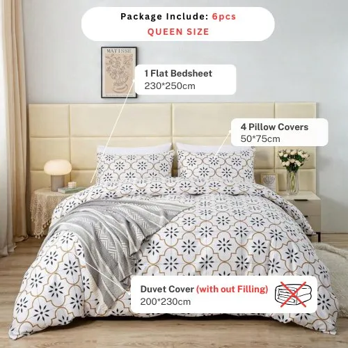 Queen size 6 piece duvet cover set modern tile print bedding set white.